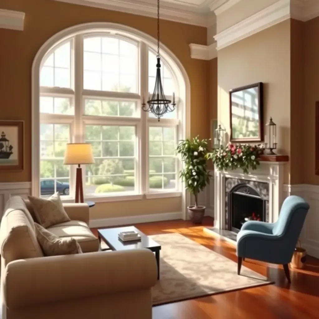 Interior living room with taupe walls, white trim, natural light, painting supplies, and polished hardwood floors in Bon Air, VA.