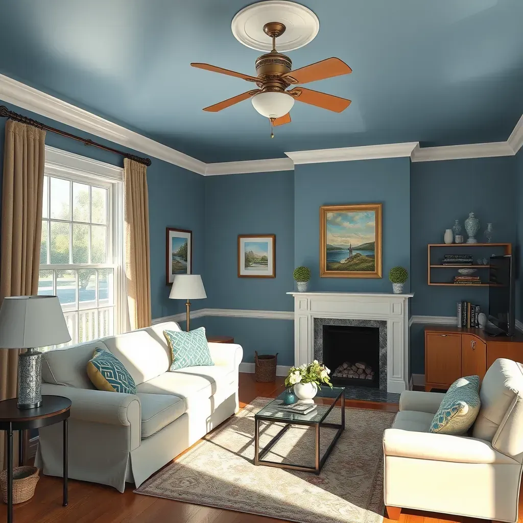 Interior painting scene in Lakeside, VA: bright living room with freshly painted walls, hardwood floors, cozy nook, and painting tools.
