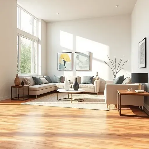 Freshly painted neutral interior wall in modern Bon Air VA living room with natural light, stylish furniture, and polished hardwood floors
