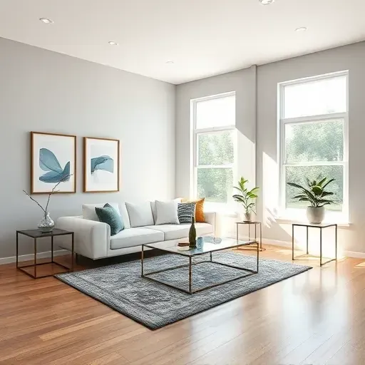 Finished interior painting in Bensley VA living room with light gray walls, modern decor, hardwood floors, and natural light
