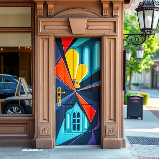 Vibrant detailed door painting on a wooden door in Richmond VA storefront with historic architecture and lush greenery