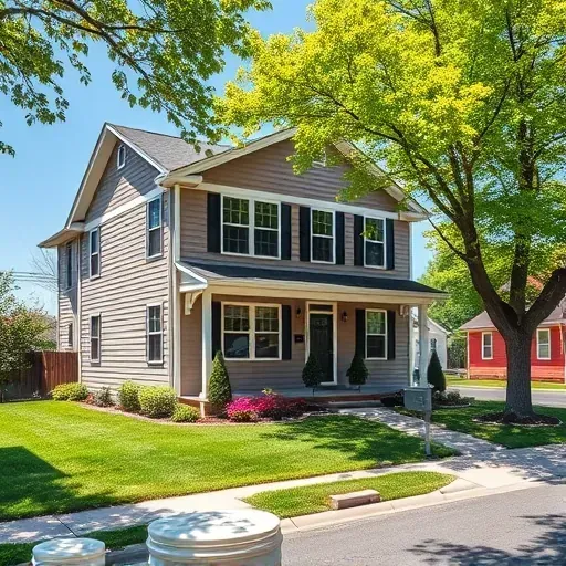 Freshly painted vibrant siding on a modern Richmond VA home with detailed texture, lush landscaping, and a peaceful neighborhood scene