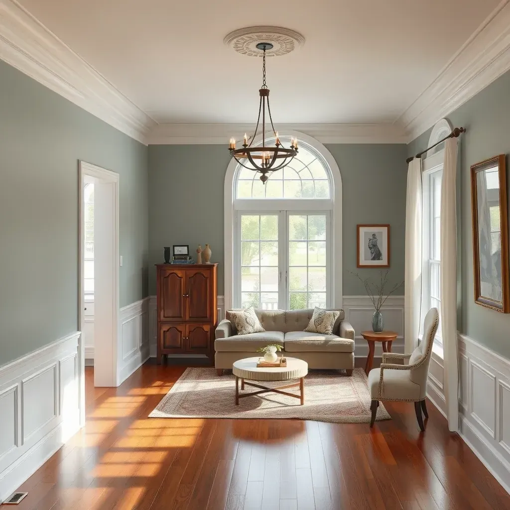 Spacious living room in Powhatan, VA with soft beige walls, hardwood floors, large windows, and painting tools, showing recent interior updates.