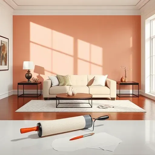 Freshly painted living room wall in vibrant color, showcasing paint supplies, soft natural light, and stylish decor.