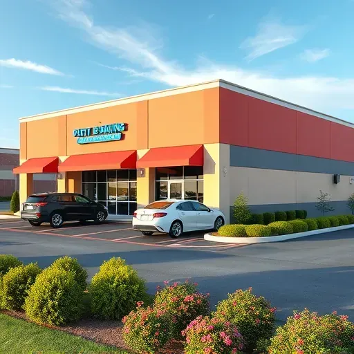 Exterior of a modern commercial painting business in Hopewell, VA, with a vibrant painted facade, parking lot, and lush landscaping.