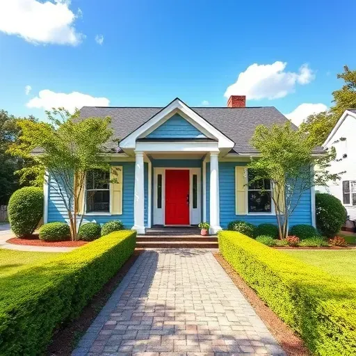 Residential exterior transformation in Atlee VA with soft blue siding, white trim, red door, and lush landscaping.