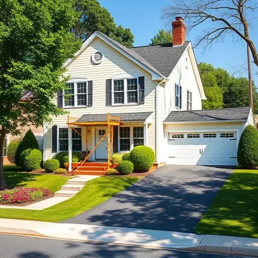Beautifully renovated home exterior in Chester VA with cream walls, white trim, vibrant landscaping, and professional scaffolding.
