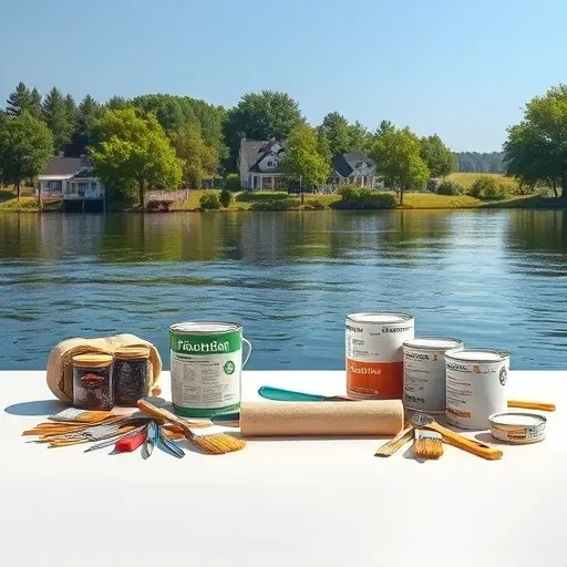 Professional outdoor painting tools and lakeside scenery in Lakeside, VA, emphasizing craftsmanship and natural beauty.