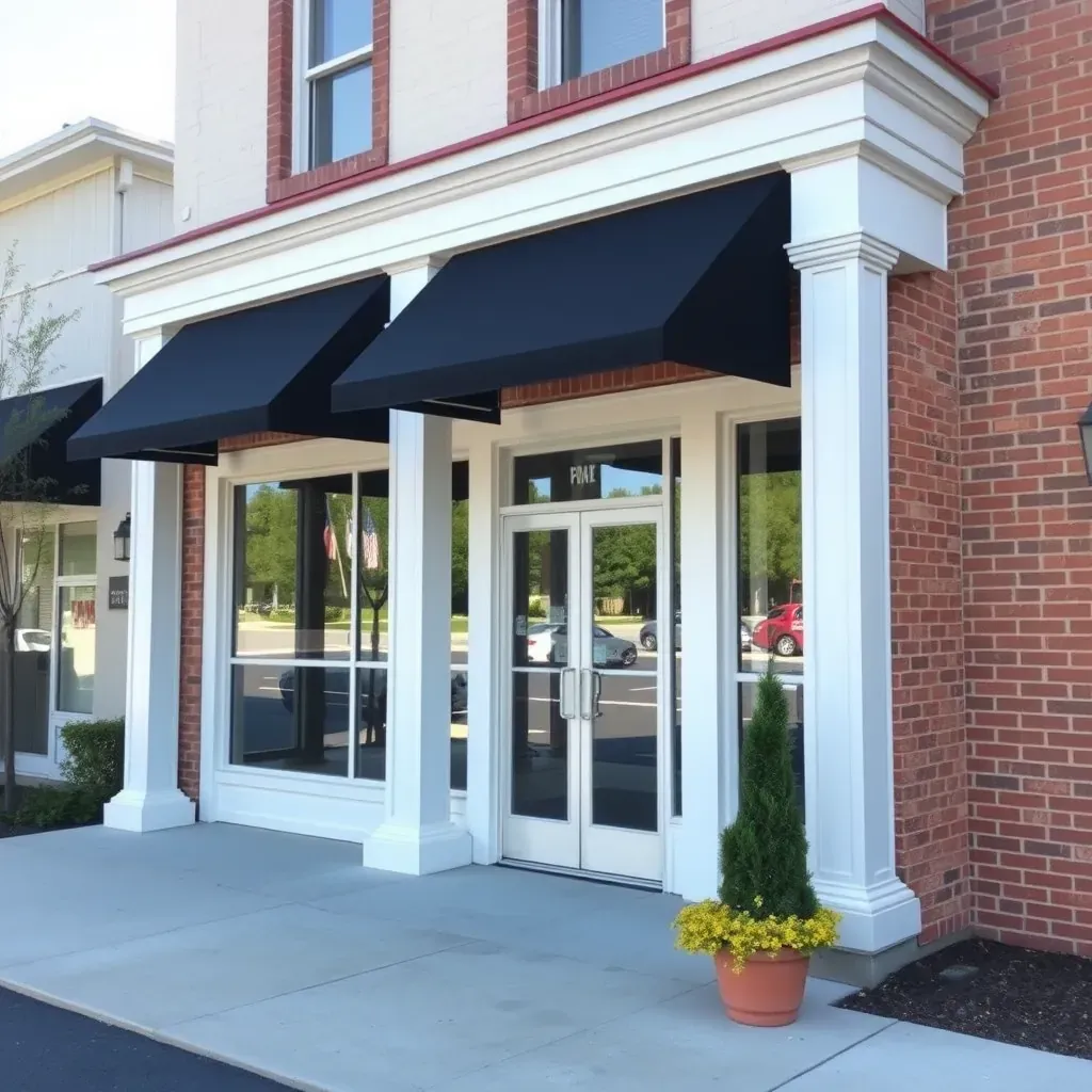 Freshly painted Richmond, VA commercial building with vibrant blue and white exterior, lush greenery backdrop, showcasing professionalism.