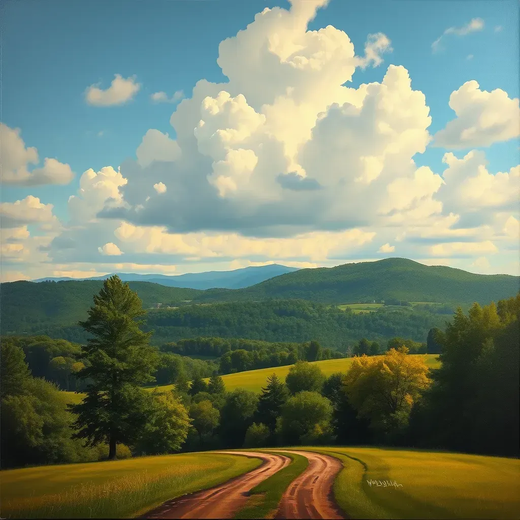 Detailed painting of Goochland, VA featuring scenic landscapes, historic buildings, and lush countryside.