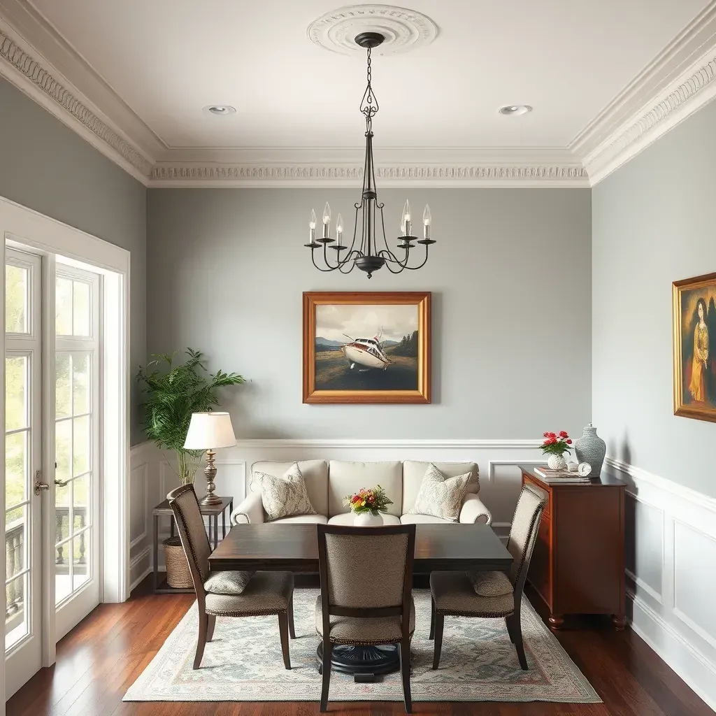 Interior painter working on a detailed wall in a stylish Hanover, VA home with painting tools and a ladder present.
