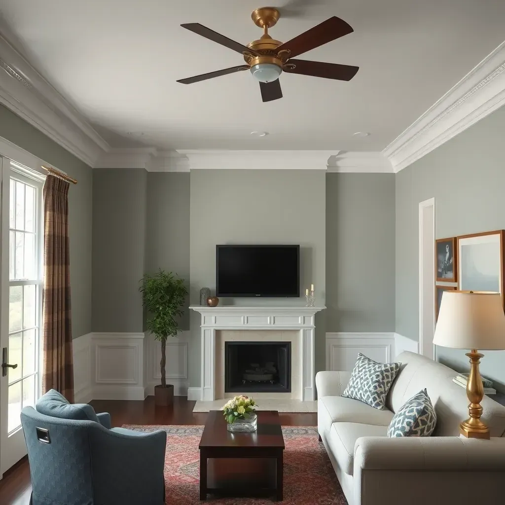 Spacious Wyndham, VA living room with light gray-blue walls, white ceiling, oak floors, modern art, and smooth, flawless finishes.