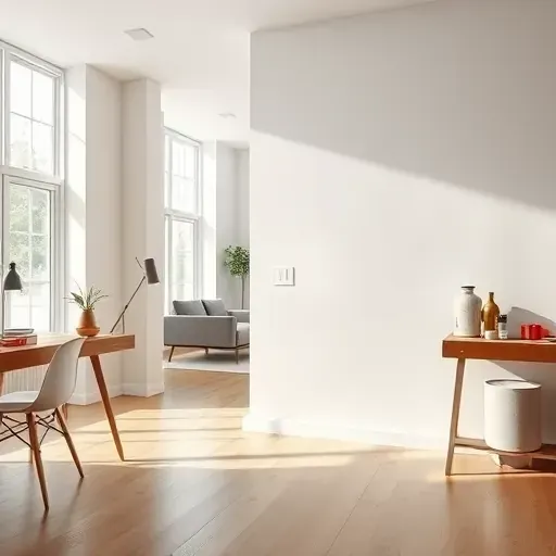 Freshly painted modern interior wall with smooth finish, natural light, sleek decor, organized paint tools, and elegant background.