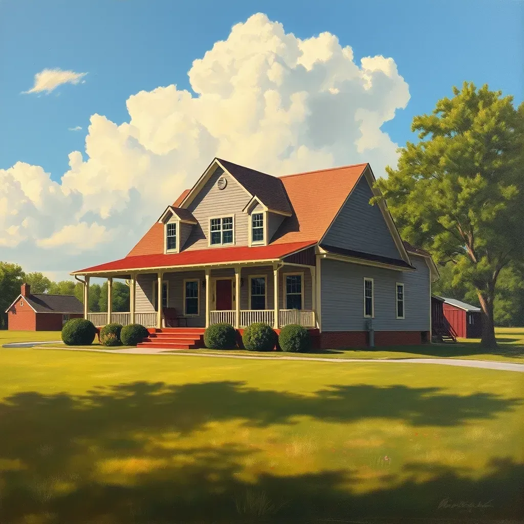 Detailed painting of Powhatan, VA showing lush forests, rolling hills, historic bridge, vintage homes, and scenic farmland.