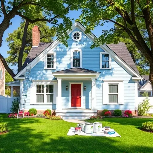 Completed house painting project in Quinton VA, featuring soft blue exterior, white trim, and colorful flower beds.