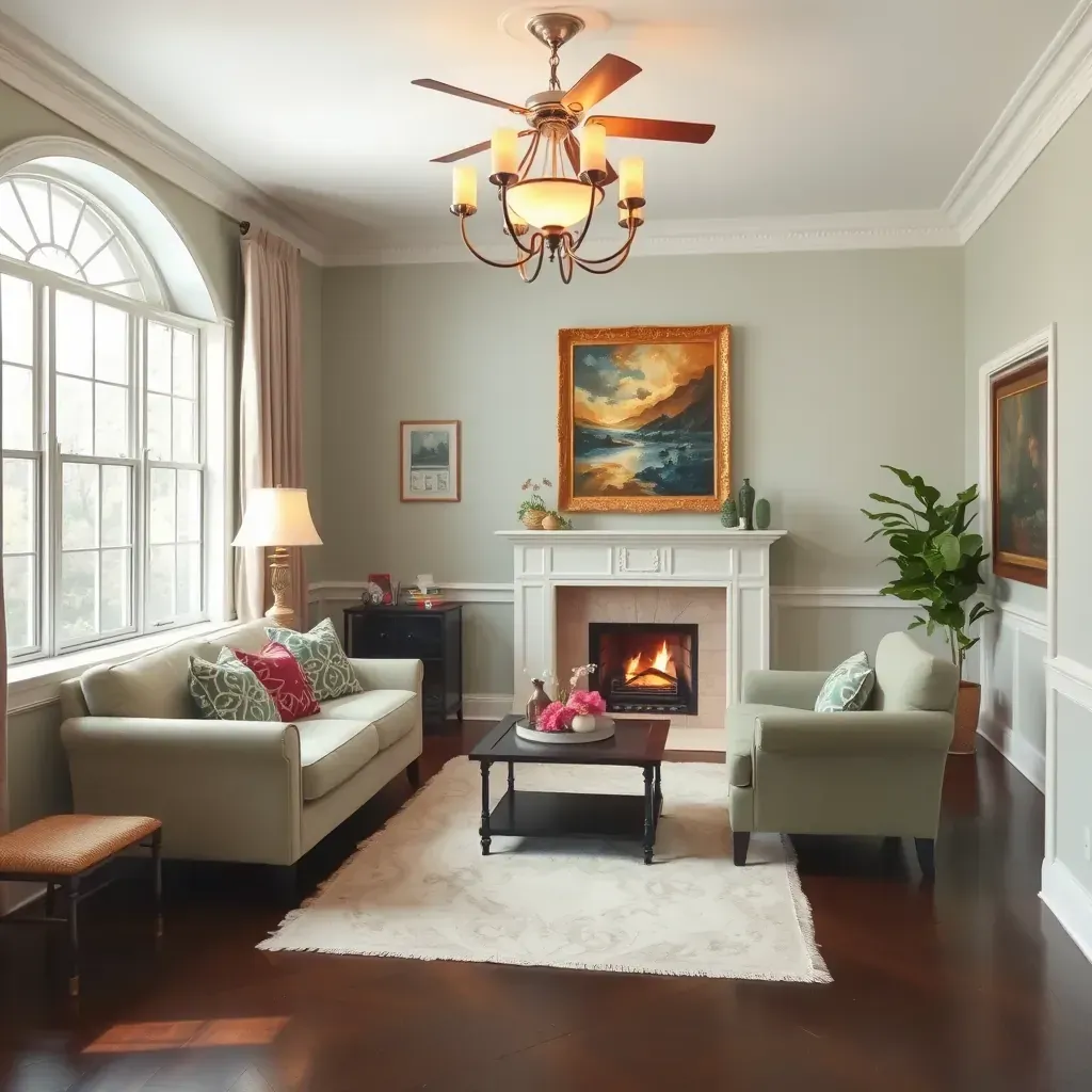 Interior living room in Providence Forge, VA, with freshly painted warm walls, natural light, drop cloths, and painting tools.
