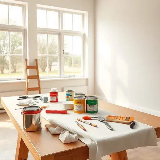 Professional painter's workspace in Montrose, VA with organized tools, fresh paint cans, and a flawlessly painted wall.