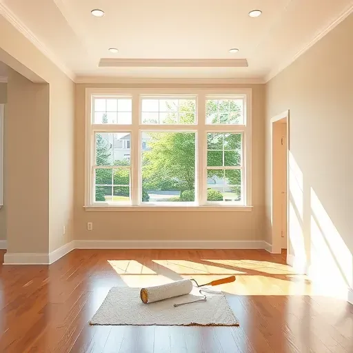Freshly painted interior room in Ashland, VA with warm neutral walls, hardwood floor, crown molding, and natural sunlight.