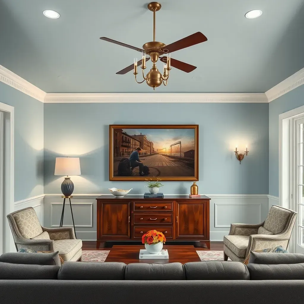 Interior painting scene in Bon Air, VA featuring a sunlit living room, painted walls, painter's tools, and a ladder.