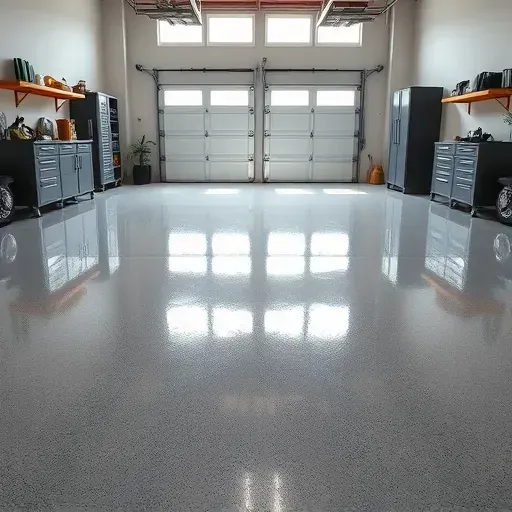 Bright glossy garage floor in a clean organized Richmond VA garage with modern storage and polished concrete walls
