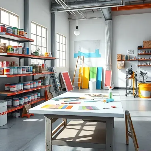 Glen Allen, VA professional painting contractor’s organized workspace with painted walls, tools, paint cans, and sample boards.
