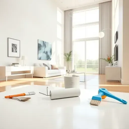 Finished interior living room in Glen Allen, VA with neutral walls, modern furniture, natural light, and painting tools.