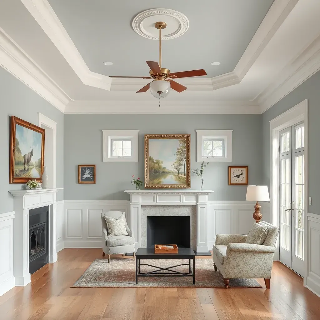 Spacious Quinton, VA living room with freshly painted taupe walls, stylish furniture, and painting tools on a protective cloth.