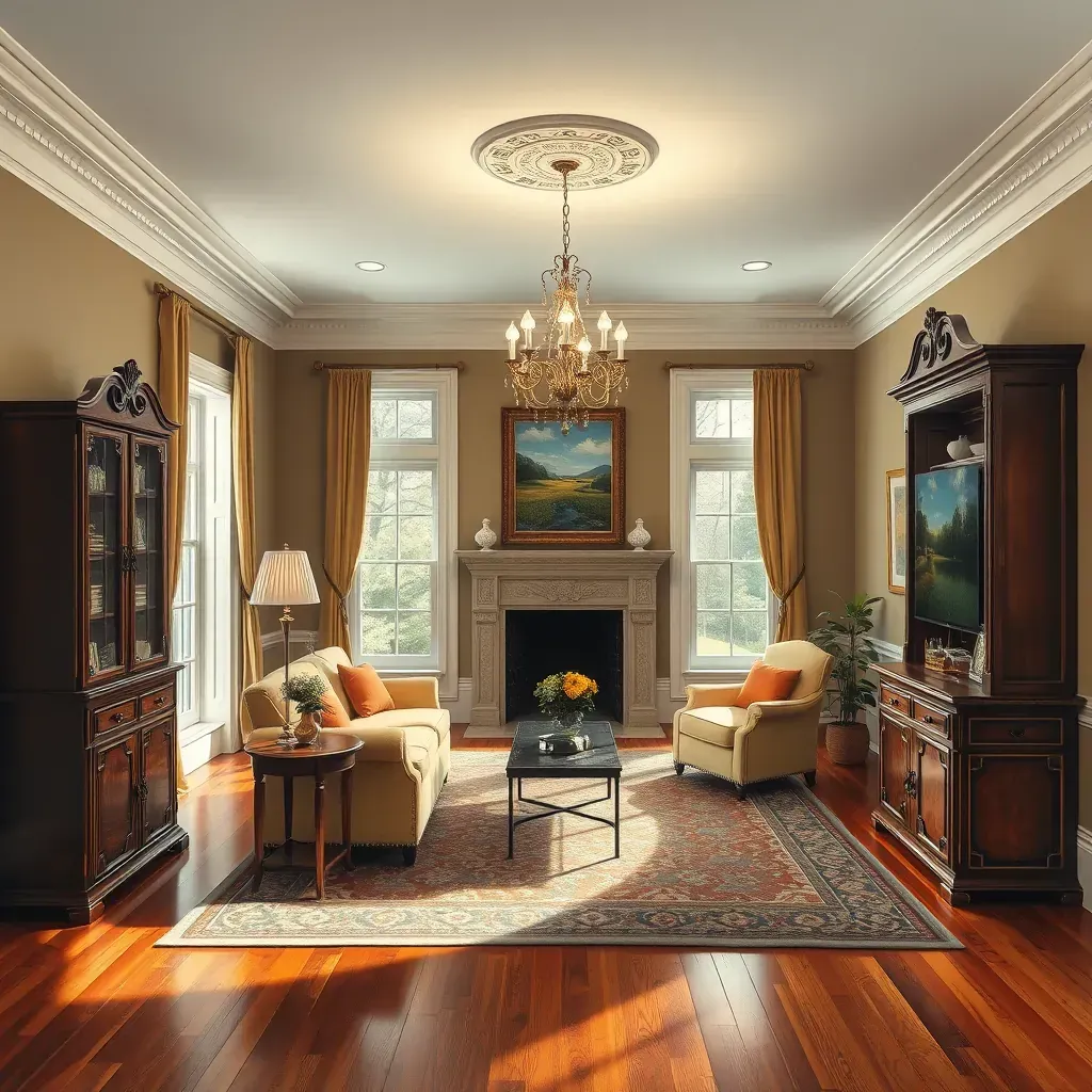 Freshly painted beige living room with large windows, polished hardwood floors, modern decor, and elegant crown molding in East Highland Park, VA.
