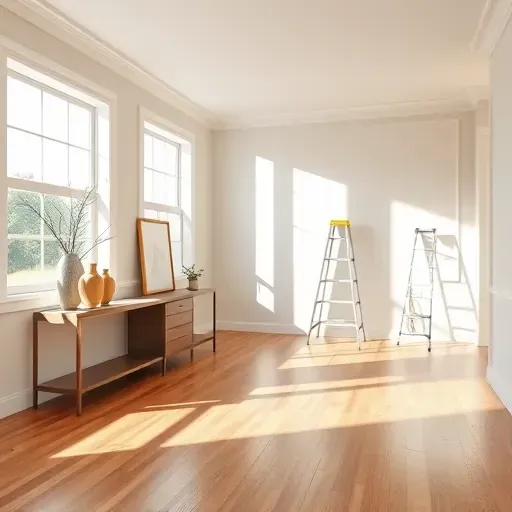 Freshly painted modern living room in Hopewell VA with neutral walls, large sunlight-filled windows, hardwood floor, and elegant trim