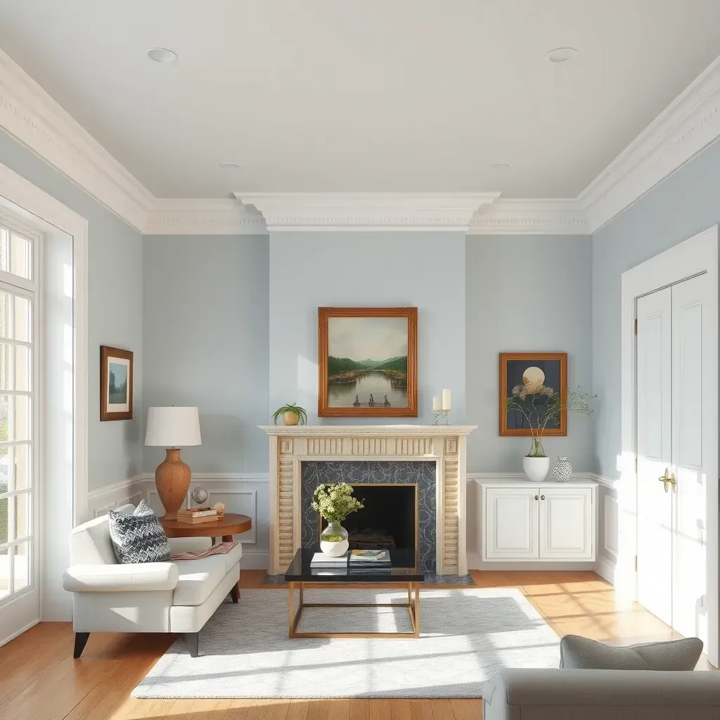 Interior living room in Richmond, VA with warm beige walls, white trim, hardwood floor, natural light, and painting supplies.