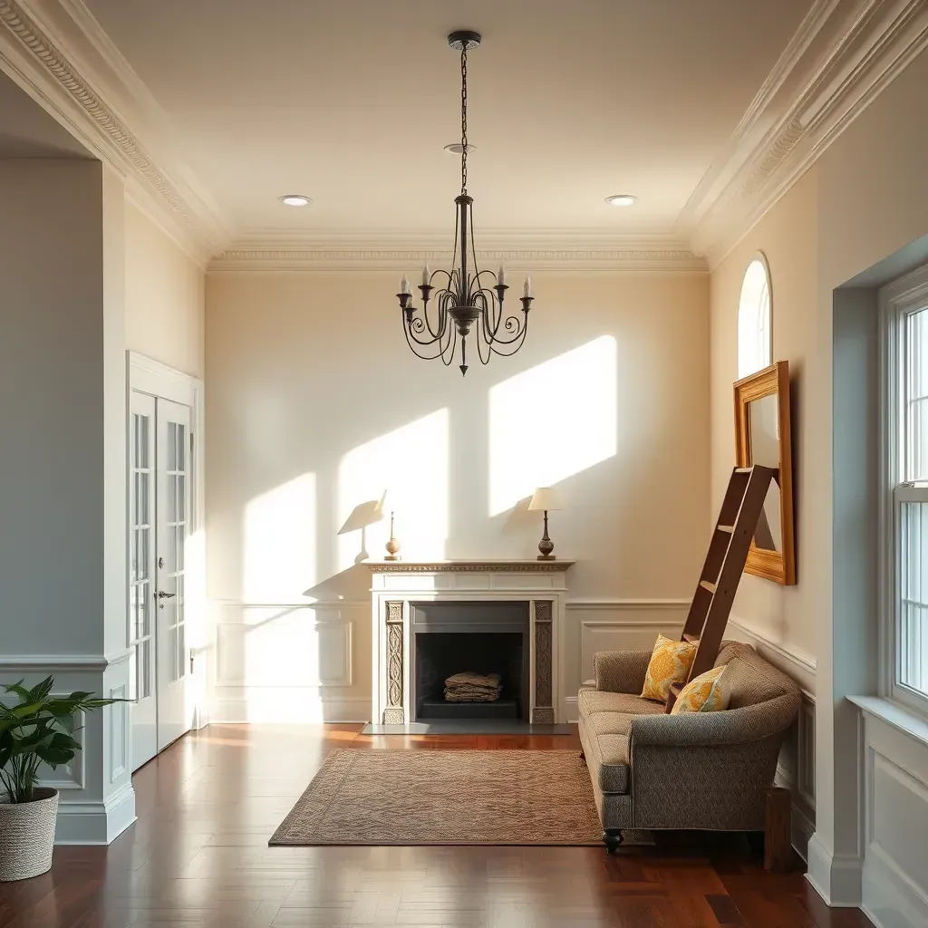 Spacious Hanover, VA living room with warm beige walls, hardwood floors, large windows, elegant curtains, and tasteful decor.