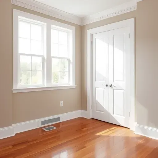 Interior room in Bellwood, VA with freshly painted neutral walls, white trim, hardwood floor, and natural lighting.