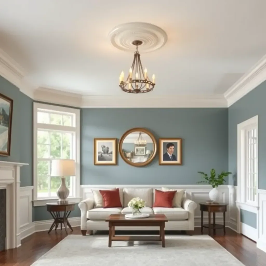 Interior painting scene in Meadowbrook, VA: freshly painted neutral walls, ladder, tools, and cozy decor in a bright living room.