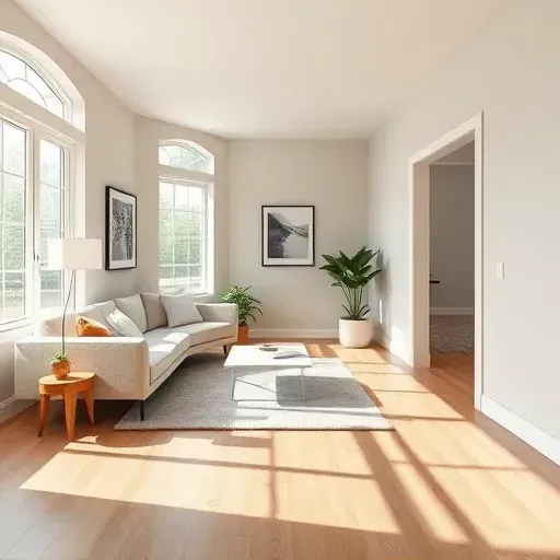 Freshly painted modern living room in Moseley VA with flawless neutral walls, natural light, contemporary furniture, and hardwood floors