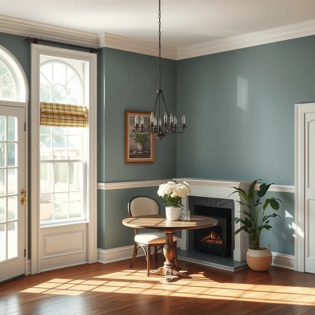 Interior of a renovated Varina, VA home with freshly painted light gray walls, white crown molding, hardwood floors, and painting tools.