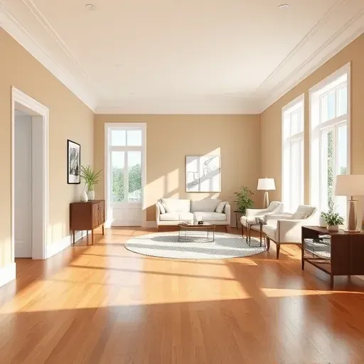 Modern interior room in Petersburg VA with white crown molding hardwood floors warm neutral walls and natural light