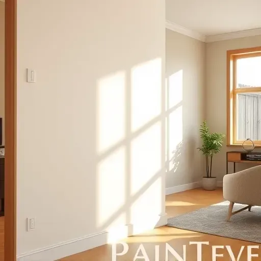 Freshly painted beige interior wall in a modern, well-lit room with wood trim, natural light, and elegant decor