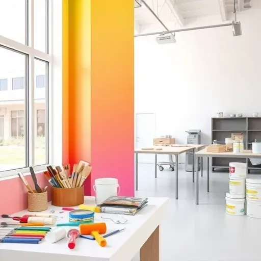 Clean, organized painter's workspace in Hanover, VA, with paint supplies, colorful wall, and bright, professional environment.