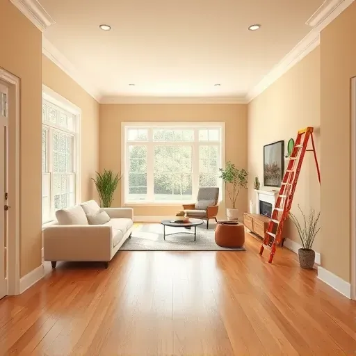 Freshly painted modern living room in Sandston VA with flawless neutral walls, hardwood floors, natural light, and minimalistic decor