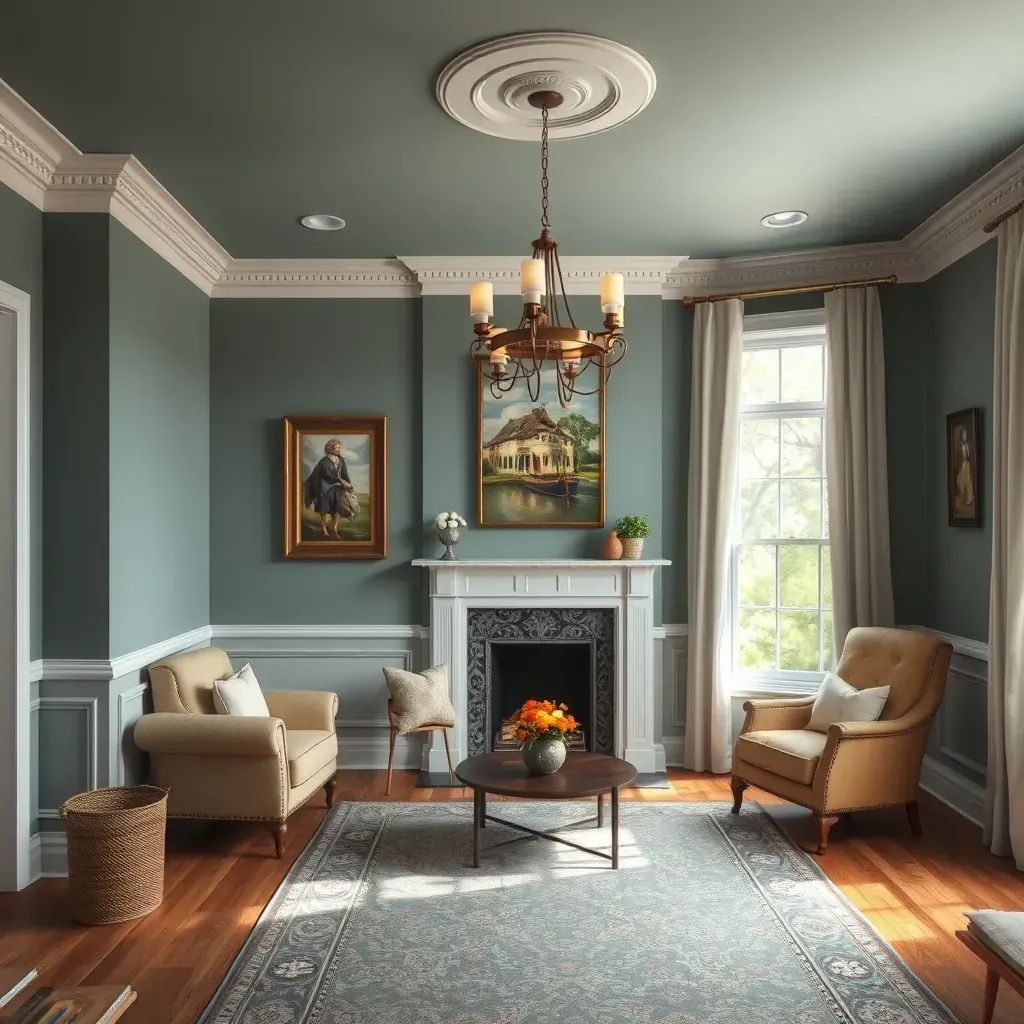 Spacious living room in Powhatan, VA with freshly painted beige walls, hardwood floor, natural light, and organized painting tools.