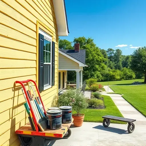Freshly painted exterior wall of a residential home in Goochland, VA, with organized tools and lush landscape.