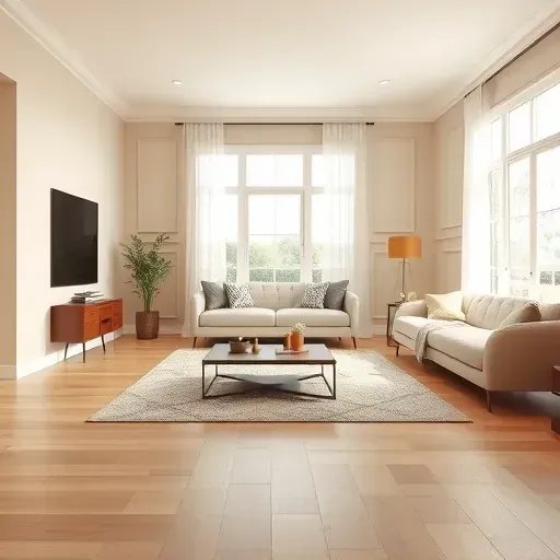 Freshly painted beige living room in Mechanicsville, VA with natural wooden floors, elegant decor, and bright natural lighting.