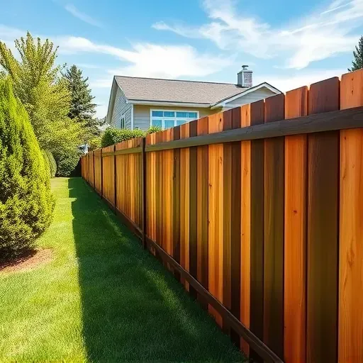 Freshly stained wooden fence in Richmond VA with vibrant tones, lush yard, modern house, bright lighting, and detailed craftsmanship