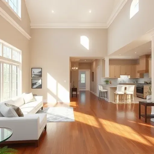 Freshly painted serene interior in New Kent VA with smooth walls, high ceilings, large windows, hardwood floors, modern decor, and open-concept kitchen