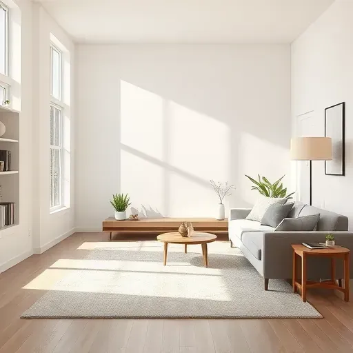 Freshly painted beige interior wall in Dumbarton VA with natural light, modern furniture, and detailed decor.