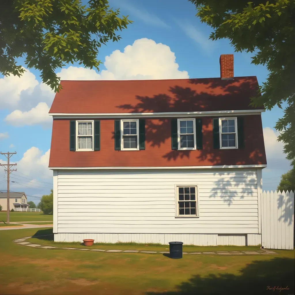 Serene outdoor scene in Hopewell, VA with a vintage-style painting of the James River on a wooden easel amid historic brick buildings.
