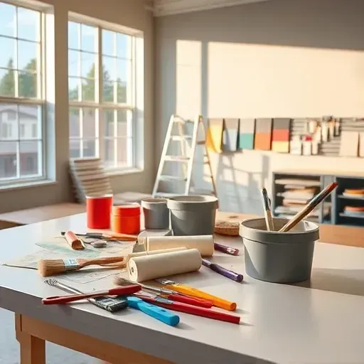Well-organized painter's workshop in Glenburnie, VA with tools, sample painted walls, color swatches, and natural sunlight.