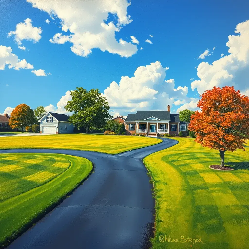 Painting of Midlothian, VA showing historic homes, lush trees, quiet streets, and scenic James River views.