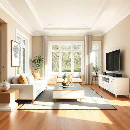 Freshly painted modern living room in Colonial Heights VA with neutral tones, elegant moldings, hardwood floors, and natural light