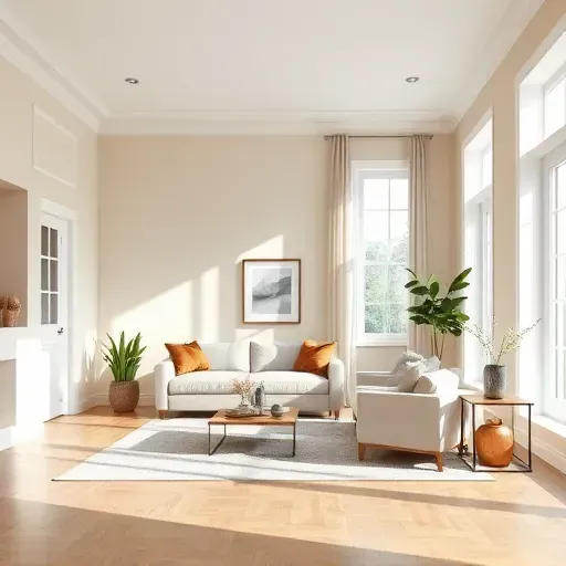 Freshly painted Meadowbrook VA interior with soft beige, white accents, modern decor, natural light, and flawless wall finishes